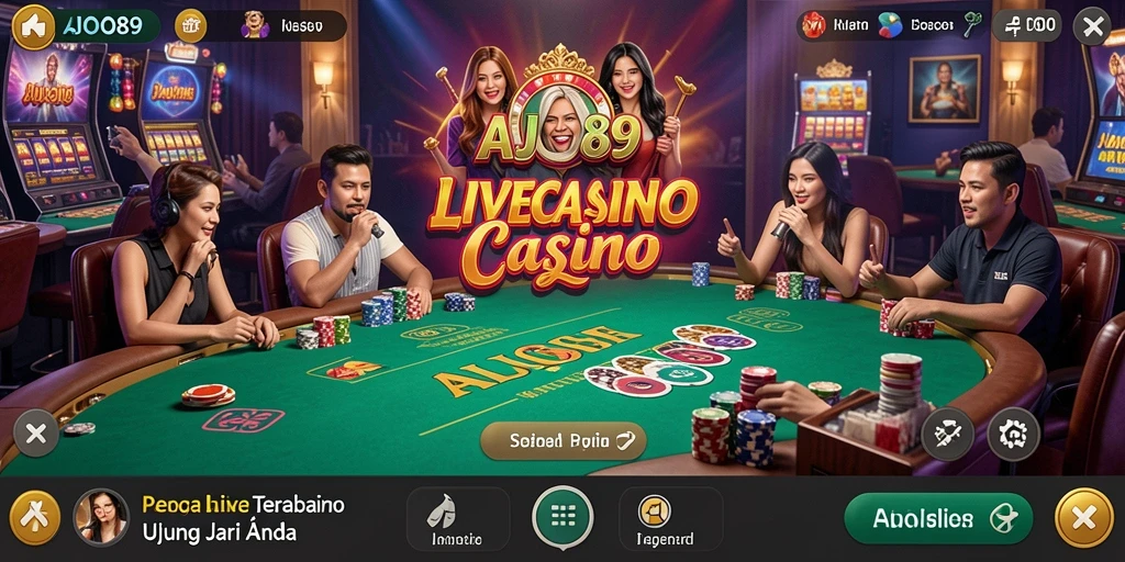 Tangkapan layar utama AJO89 menampilkan dealer Live Casino yang profesional.