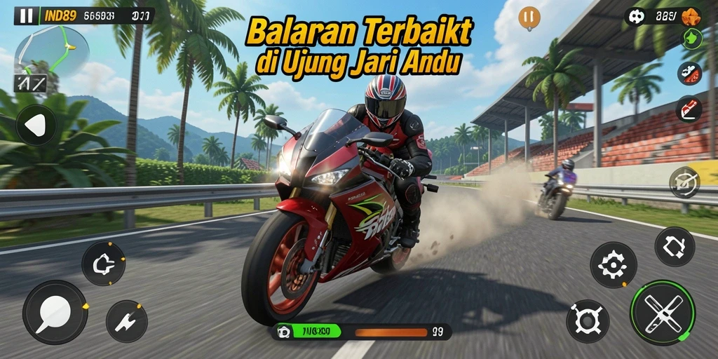 Screenshot gameplay IND89 yang menampilkan aksi balapan motor yang mendebarkan.