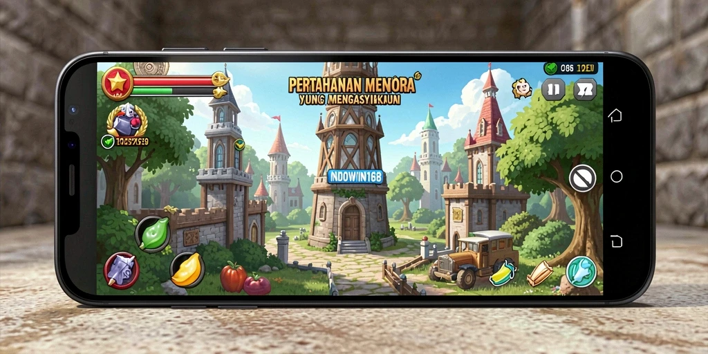 Screenshot gameplay INDOWIN168 menampilkan menara yang siap menghadapi serangan musuh.