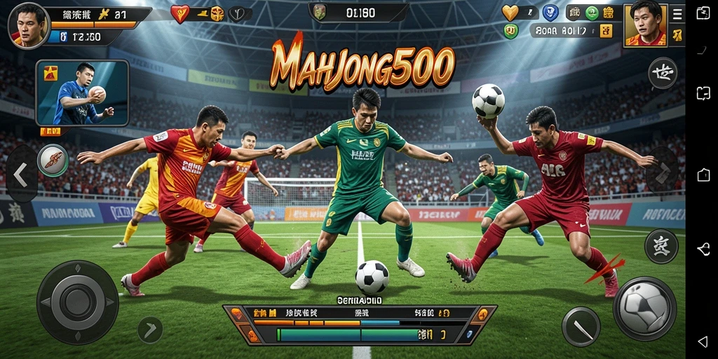 Tampilan gameplay seru dari MAHJONG500 dengan aksi sepak bola mendebarkan.
