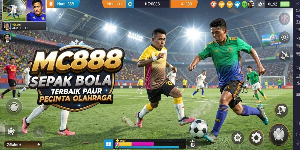 Screenshot gameplay MC888 menampilkan aksi mendebarkan dalam pertandingan sepak bola.