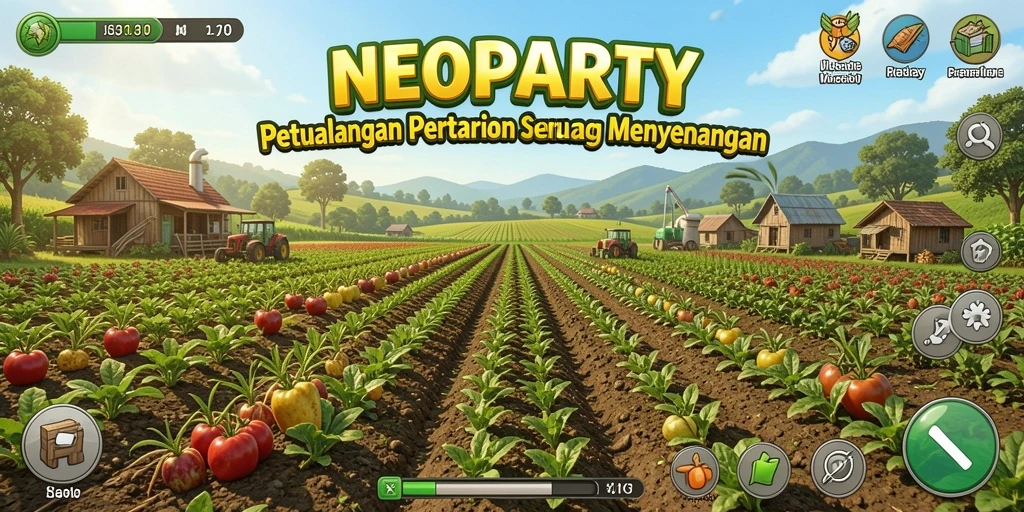 Tampilan gameplay NEOPARTY dengan aktivitas bertani yang dinamis.