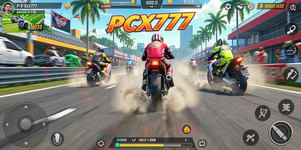 Tangkapan layar gameplay PCX777 yang menunjukkan aksi balapan motor yang seru.
