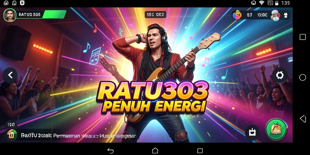 Tampilan gameplay RATU303 menampilkan alat musik dan pengguna yang berinteraksi dengan lagu.