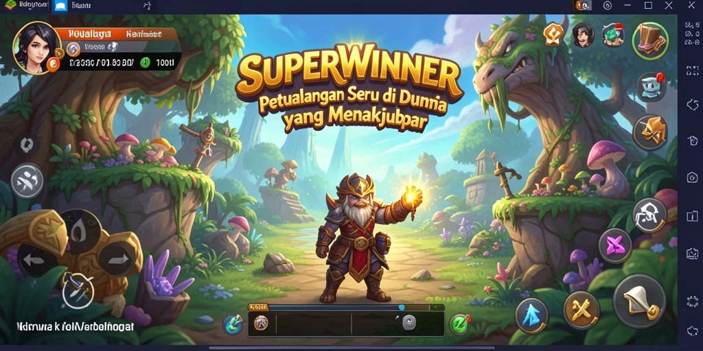 Screenshot menunjukkan karakter menjelajahi hutan dalam SUPERWINNER.